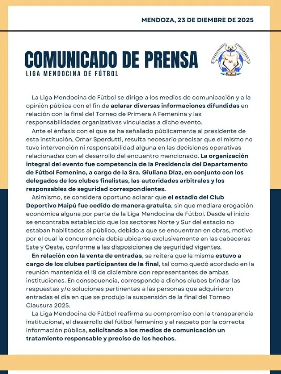 El comunicado que public&oacute; la Liga Mendocina de F&uacute;tbol tras la suspensi&oacute;n de la final. (Foto: ligamendocinadefutbol)