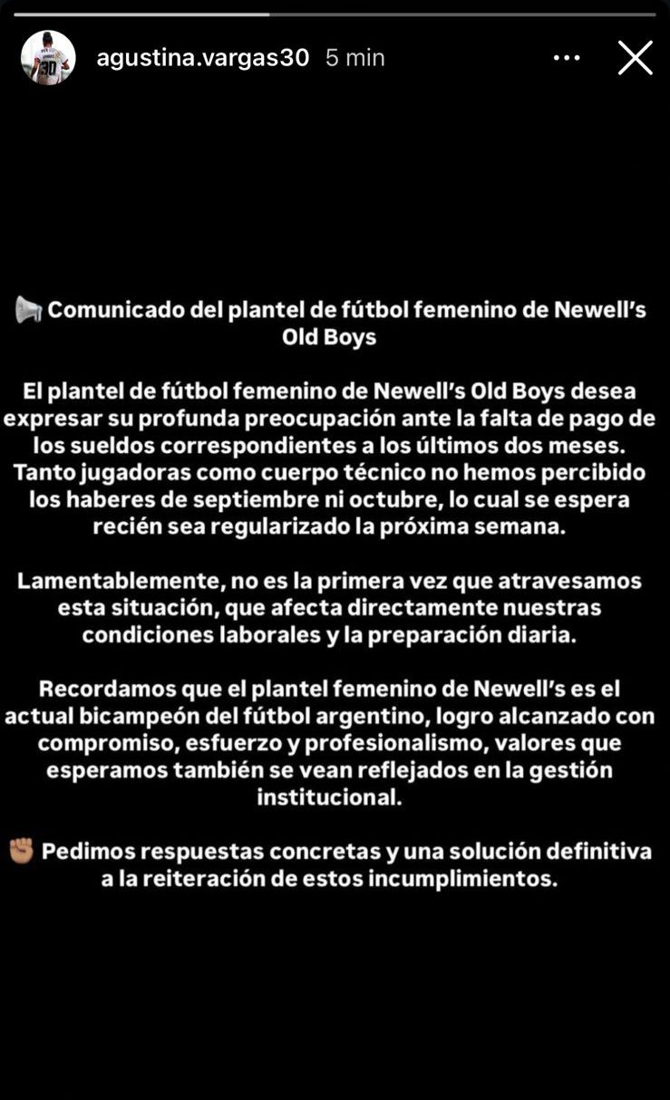 El comunicado que publicaron las jugadoras de Newell's en sus redes sociales. (Foto: captura Instagram)