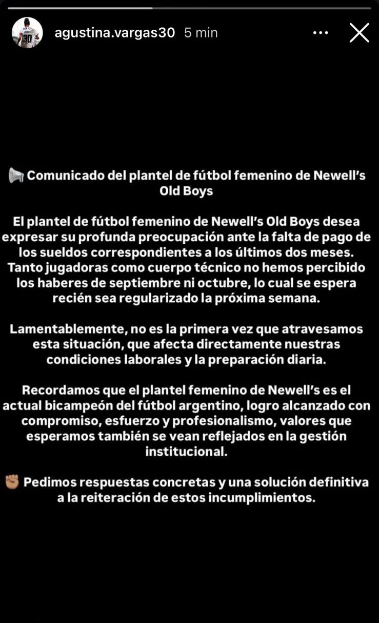 El comunicado que publicaron las jugadoras de Newell's en sus redes sociales. (Foto: captura Instagram)